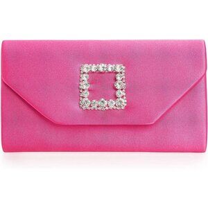 Women Pink Evening Bag Embellished Crystal Buckle Finely Crafted In Smooth Satin